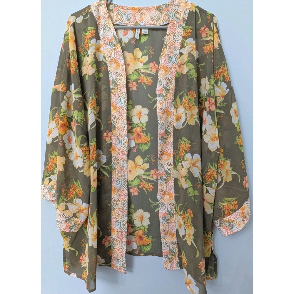 Cato Sheer Kimono Cardigan Duster Coverup Green Orange Floral Festival Sz XL